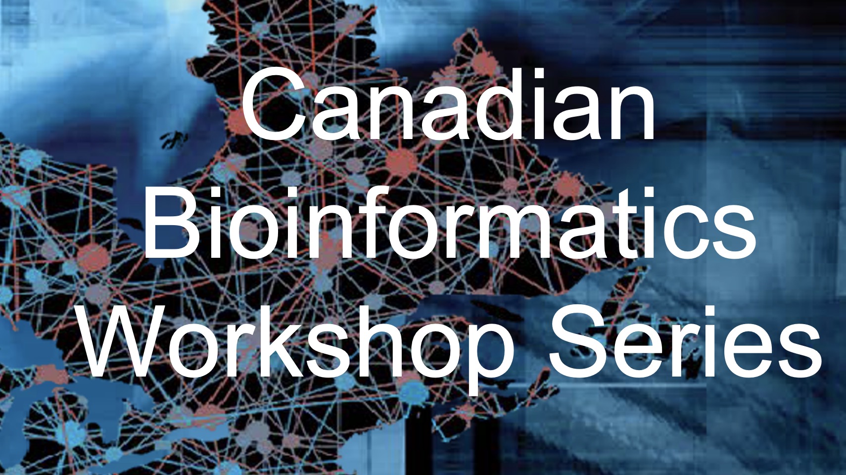 An abstract blue and red image of Canada crossed by interconnected nodes. White text on top states 