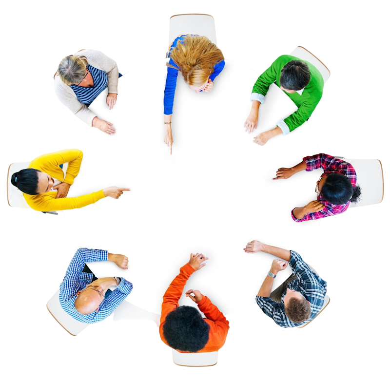 An image depicting eight people sitting around a circular table to collaborate with each other.